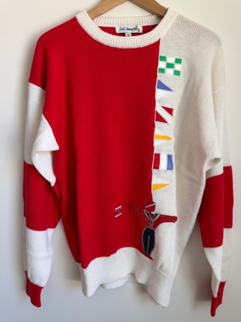 Vintage Sail Away Nautical Colorblock Sweater 100% Cotton Sailing Flag Vtg (XL)